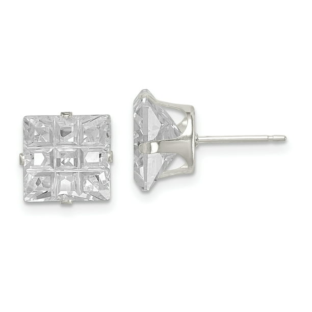 Sterling Silver Snap setting Post Earrings 9mm Square Cubic Zirconia 4 Prong Stud Earrings 